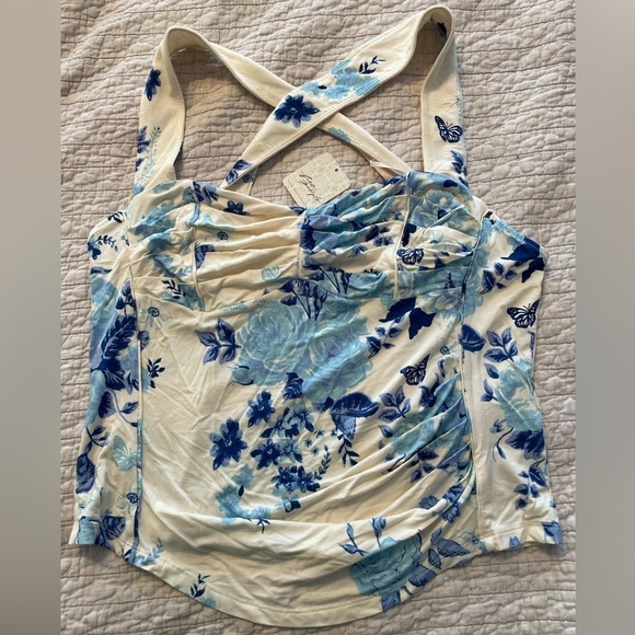 Free People | Women’s Ginger Snap Top Floral Blue & White Cross Back Size Large - Picture 7 of 7